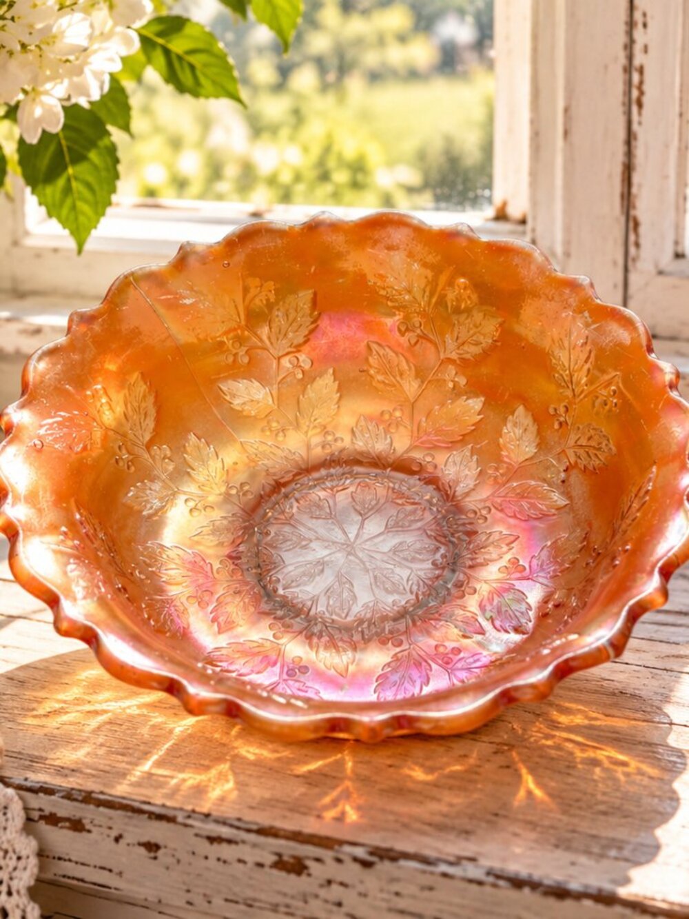 Antique Fenton Holly Marigold Carnival Glass Ruffled Bowl c. 1910–1930s